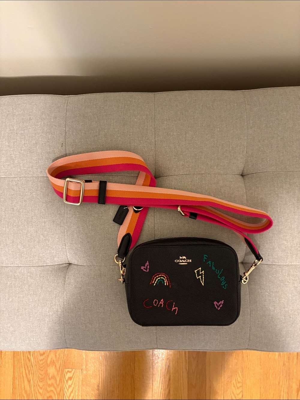 Coach mini camera bag with multicolour strap and embroidery details.